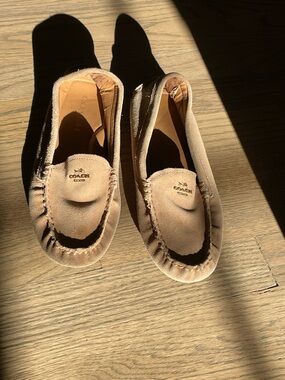 Coach Tan Suede Moccasin Loafers with Gold Logo-Driving Loafers